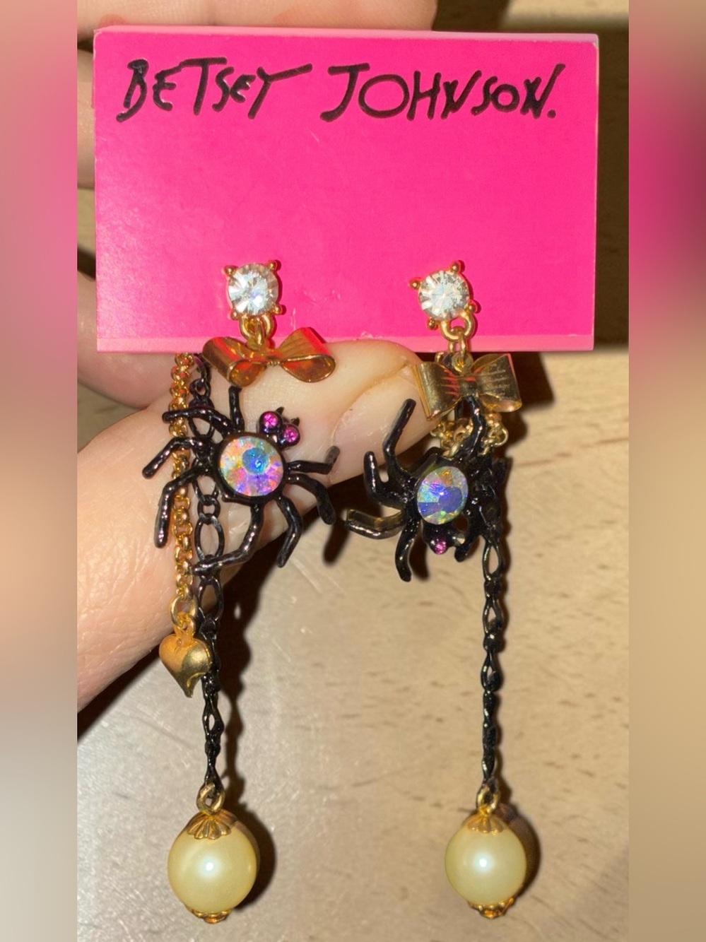BETSEY JOHNSON Vintage Halloween Spider Pearls & AB Crystals Dangle Earrings NWT